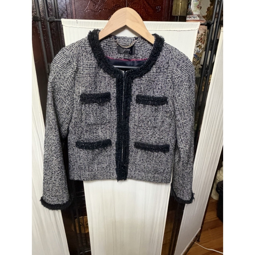 J.Crew Glen Plaid Braided Trim Tweed Jacket Women's 00 Black White Wool Blend